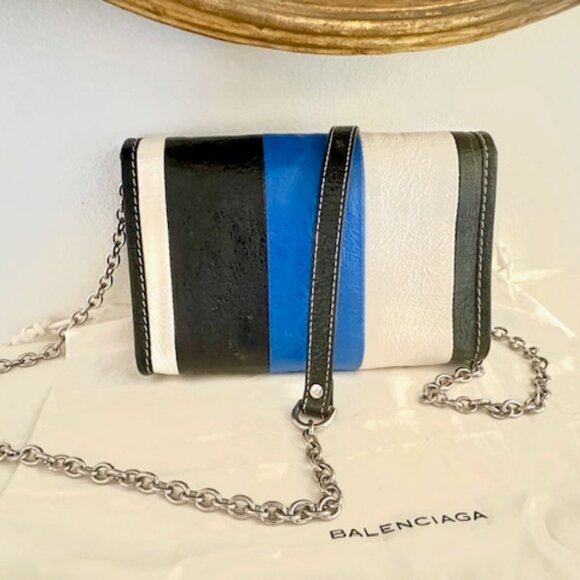 BALENCIAGA BAZAR Stripe Crossbody Shoulder Bag on Chain Blue Black White Leather - Picture 3 of 16